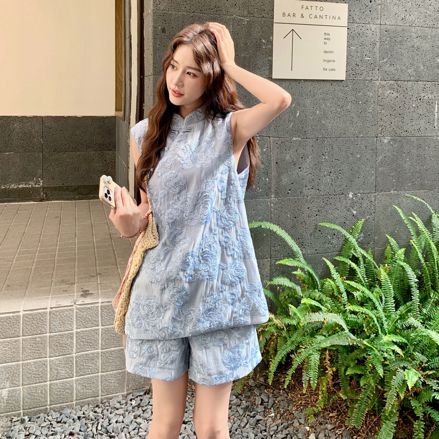 新中式国风穿搭蓝色无袖套装女夏超火好看绝美改良旗袍短裤两件套,女装套装/套裙,艾艾淮淮