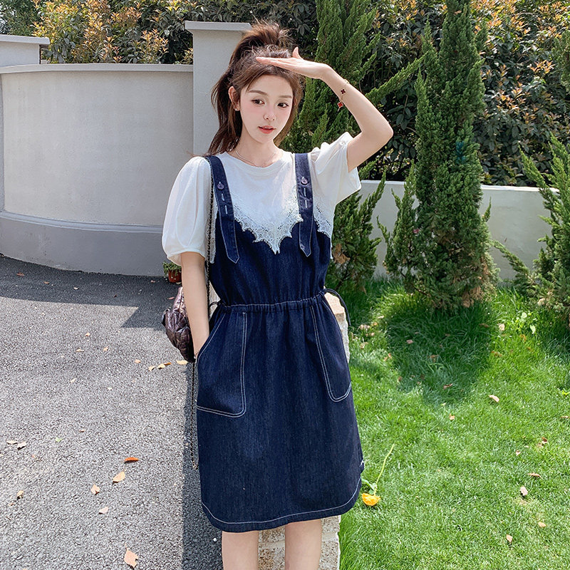 蕾丝拼接牛仔背带裙女2025夏新款设计感洋气收腰小个子,女装连衣裙,艾艾淮淮