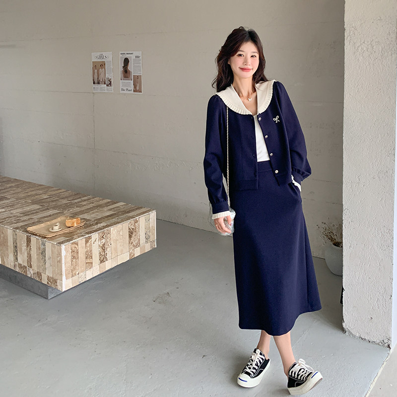 2025秋季韩系学院风娃娃领上衣套装女减龄少女感高腰半身裙两件套,女装套装/套裙,艾艾淮淮