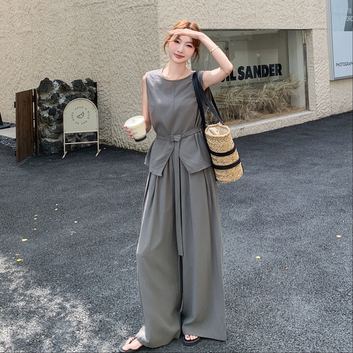 灰色御姐风薄款无袖上衣阔腿裤套装两件套女夏韩系穿搭一整套减龄,女装套装/套裙,艾艾淮淮