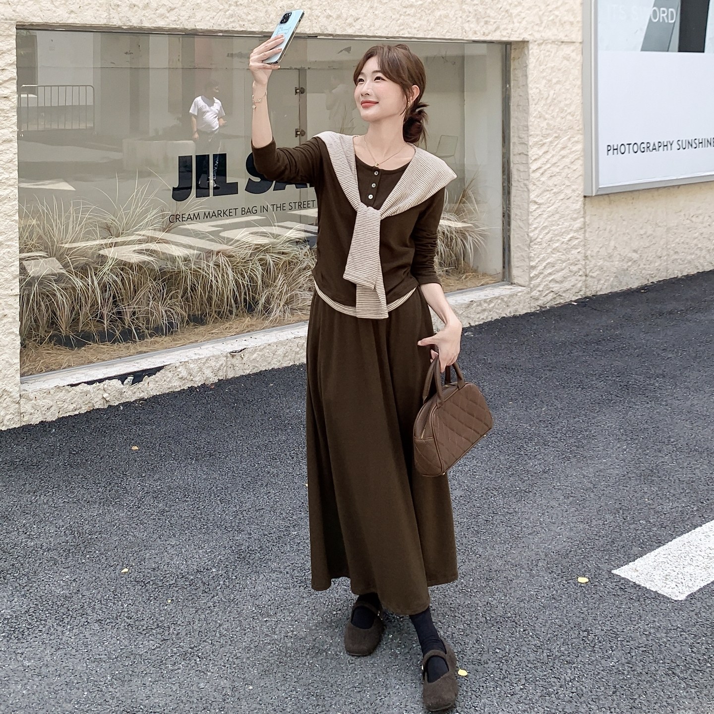 咖色温柔系穿搭针织上衣套装女春秋2025新款休闲显瘦半身裙两件套,女装套装/套裙,艾艾淮淮