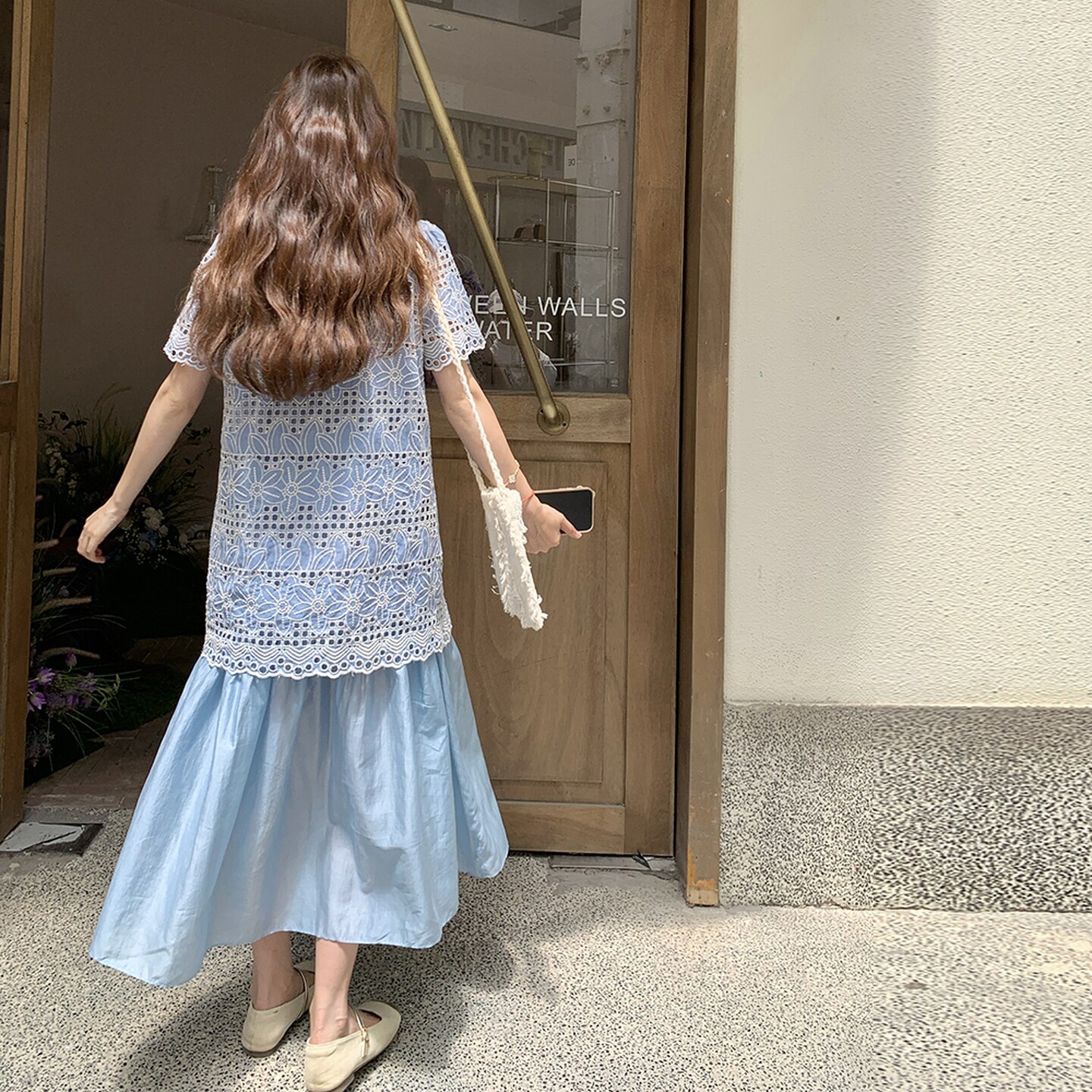 蓝色蕾丝刺绣假两件连衣裙女2025夏季新款法式温柔风甜美显瘦长裙,女装连衣裙,艾艾淮淮