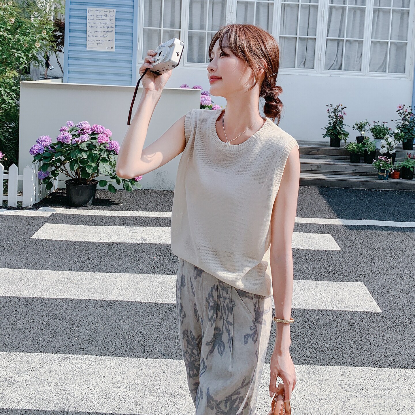 韩系炸街时尚套装女夏2025新款设计感超好看上衣印花阔腿裤两件套图片