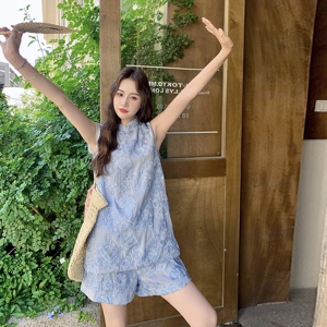 新中式国风穿搭蓝色无袖套装女夏超火好看绝美改良旗袍短裤两件套图片