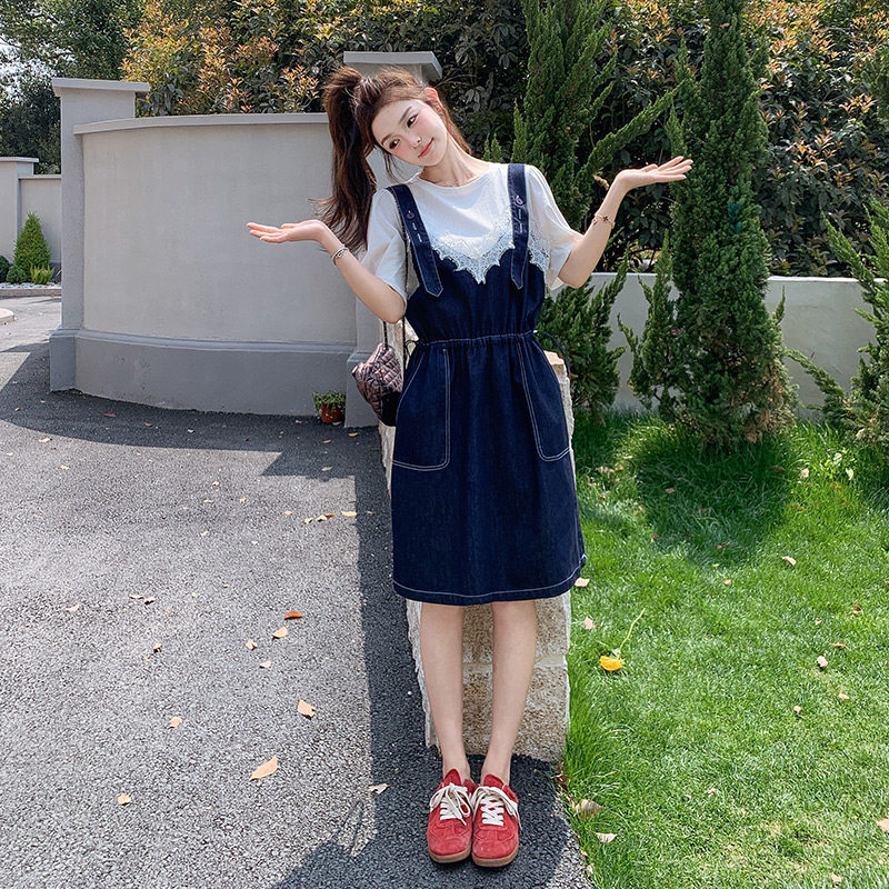 蕾丝拼接牛仔背带裙女2025夏新款设计感洋气收腰小个子,女装连衣裙,艾艾淮淮