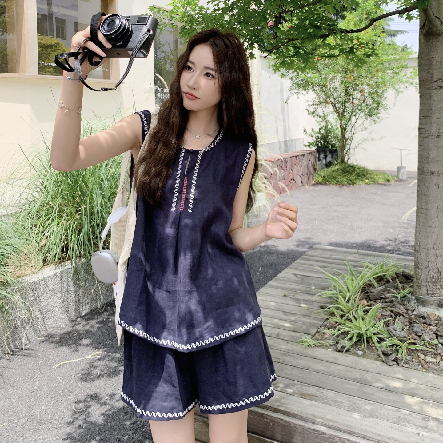 休闲减龄牛仔刺绣衬衫短裤套装女夏2025新款小个子两件套ootd穿搭,女装套装/套裙,艾艾淮淮