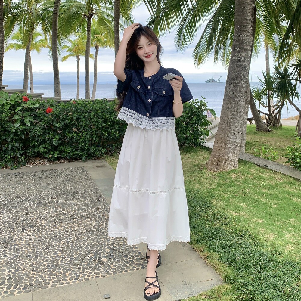 度假风白色连衣裙套装女2025夏新款蕾丝拼接牛仔外套吊带裙两件套,女装套装/套裙,艾艾淮淮