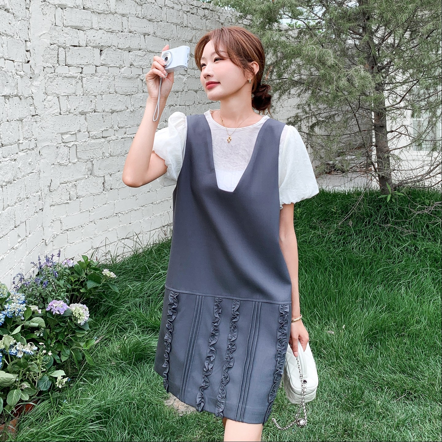 小个子设计感木耳边泡泡袖上衣背心裙女夏季韩系温柔风,女装连衣裙,艾艾淮淮