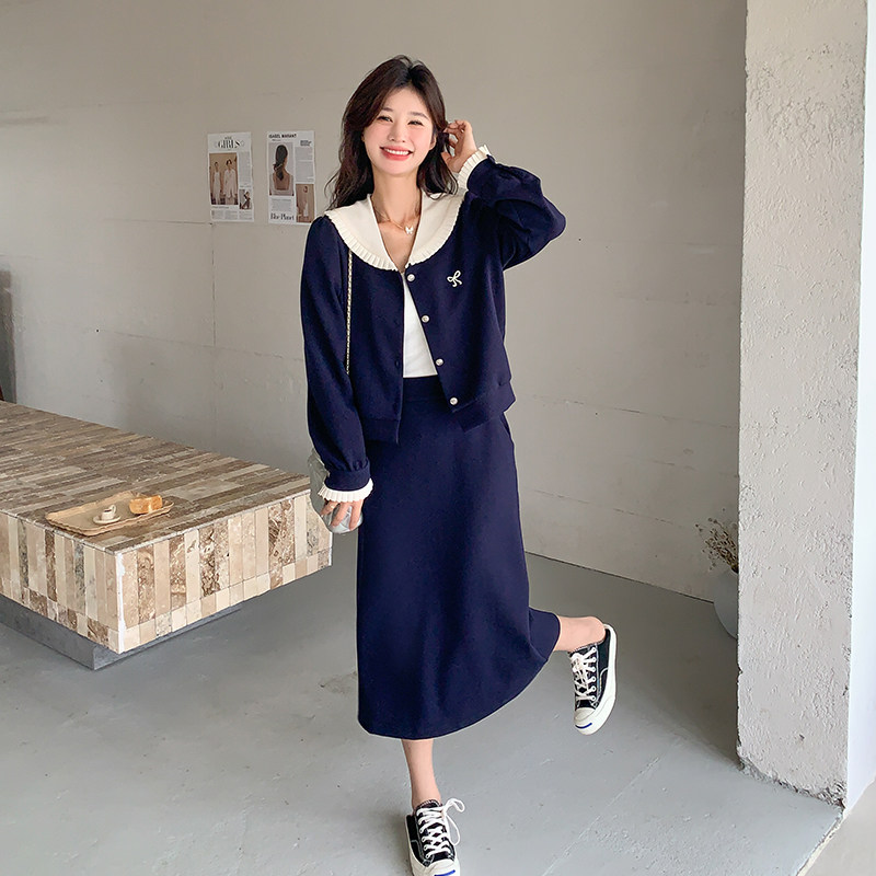 2025秋季韩系学院风娃娃领上衣套装女减龄少女感高腰半身裙两件套,女装套装/套裙,艾艾淮淮