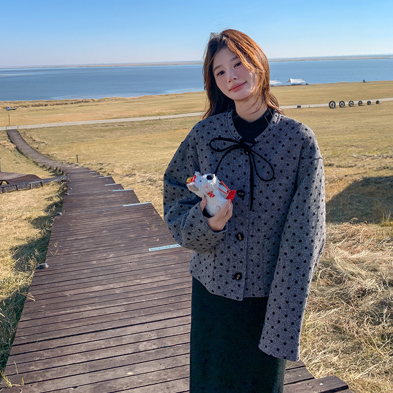 气质感灰色波点小香风短外套女秋冬超火好看高级小众宽松减龄上衣,女装短外套,艾艾淮淮