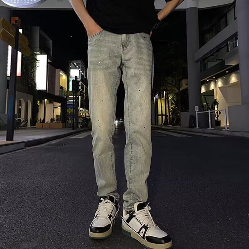 牛仔裤男士印花修身美式高街复古