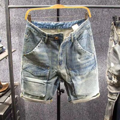 多口袋工装牛仔短裤男夏季新款痞帅风潮牌宽松阔腿休闲肥佬五分裤