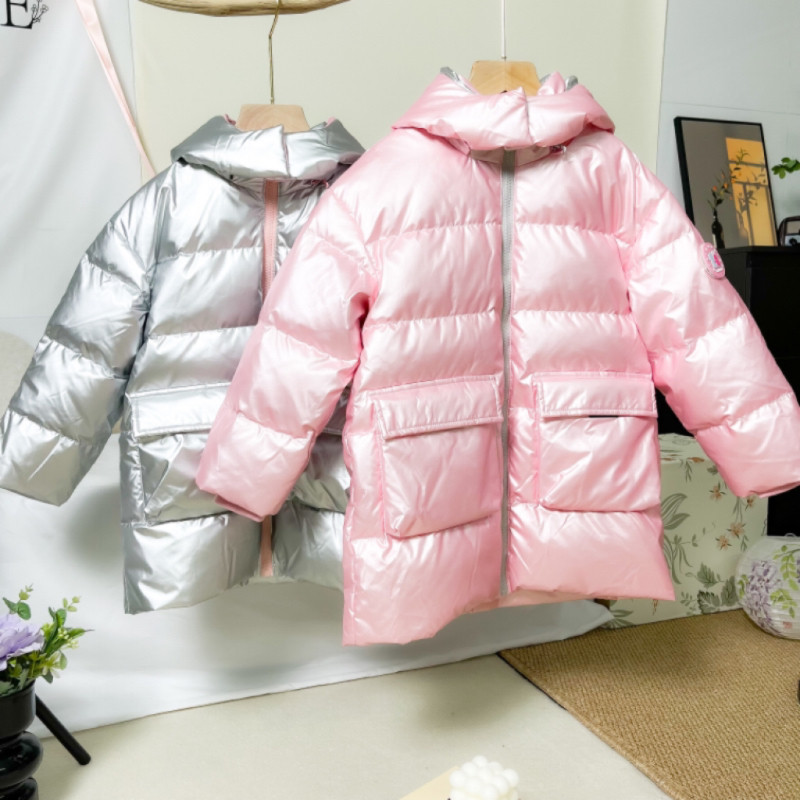 马qii*dunn儿童品牌粉色免洗羽绒服女童洋气中长款儿童银色亮面