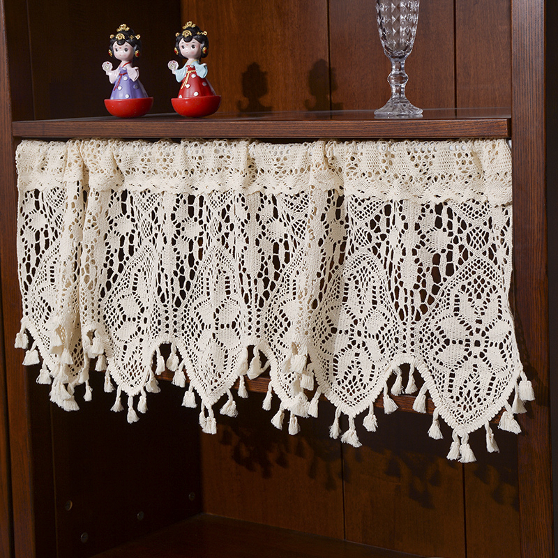 美式乡村钩针棉线半帘帘头穿杆帘门楣橱柜帘咖啡帘厨房短帘免打孔