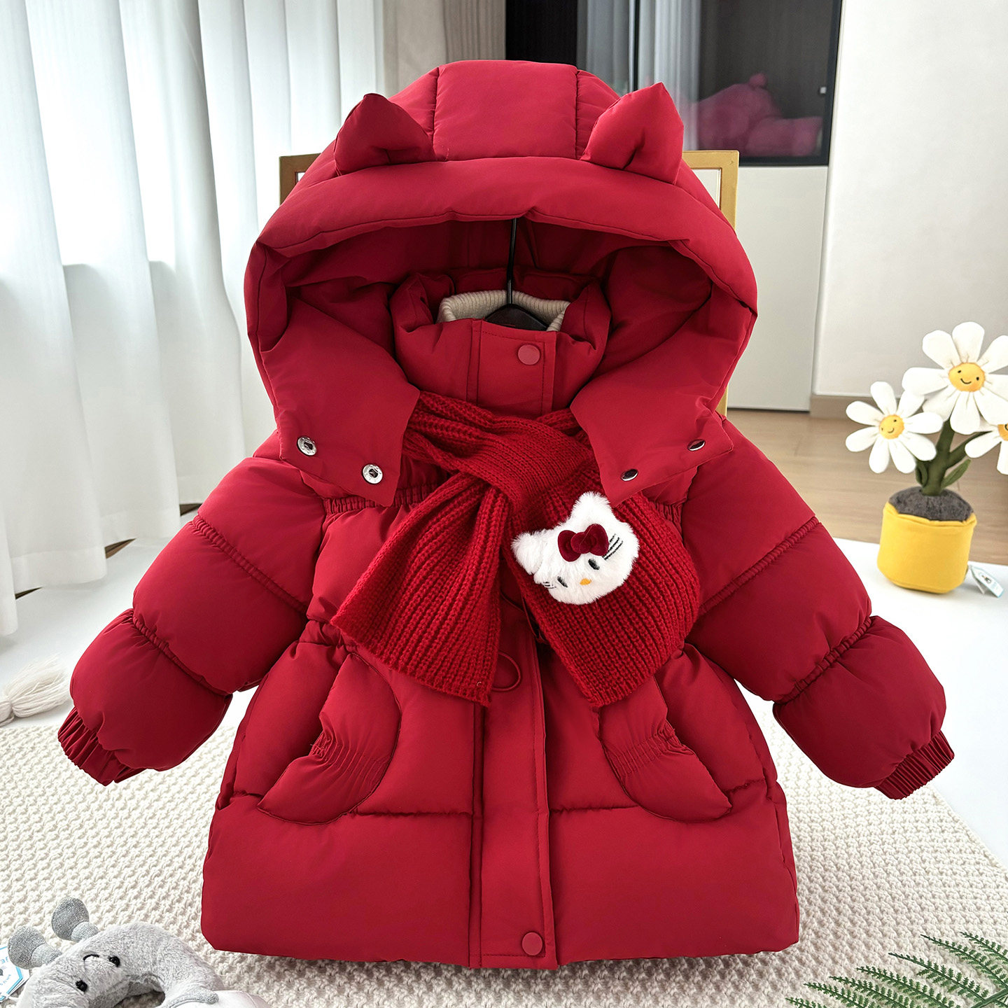 女童连帽棉服2025新款加绒加厚冬季保暖中长款洋气儿童棉袄外套衣