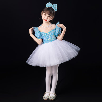 六一儿童演出蓬蓬裙幼儿园表演服舞蹈纱裙女童可爱亮片蓝色公主裙