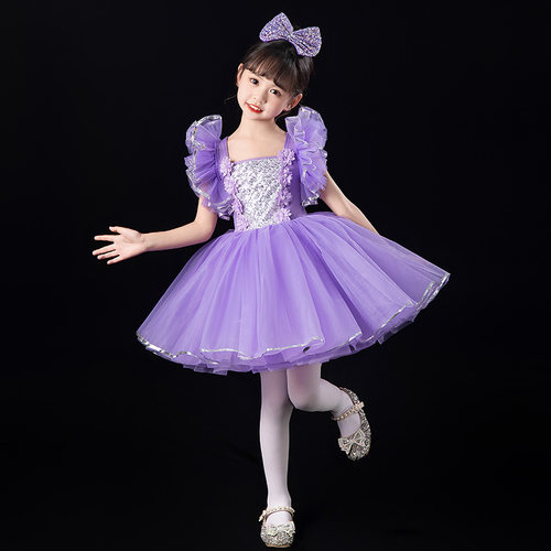 六一儿童蓬蓬纱裙演出服紫色可爱公主连衣裙女童幼儿园舞蹈表演服