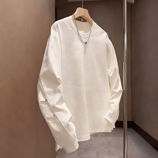 春秋新款长袖T恤男潮牌纯色百搭铆钉设计感宽松圆领打底衫卫衣潮