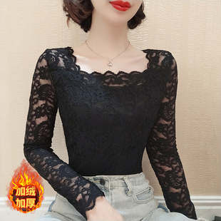 新款 女 春秋季 打底衫 薄款 性感洋气长袖 方领蕾丝衫 时尚 修身