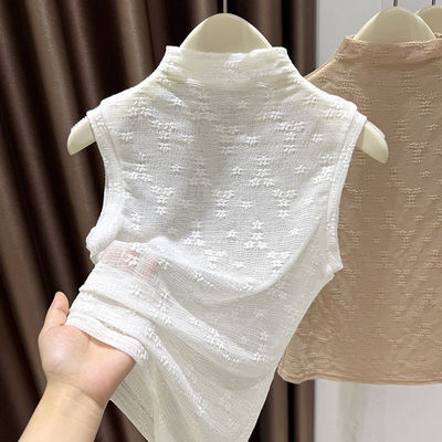 黑色网纱吊带背心女春夏2026新款无袖薄上衣半高领蕾丝打底衫外穿