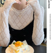 圆领长袖 新款 T恤针织上衣 女内搭高级感2025早秋季 白色蕾丝打底衫