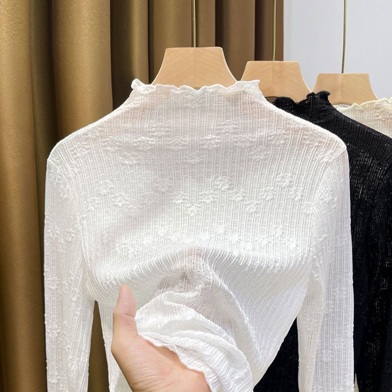半高领蕾丝内搭小衫女薄款秋冬2023新款网纱加绒打底衫长袖
