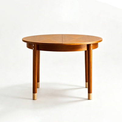 实木伸缩餐桌小户型家用餐桌中古复古风柚木圆形吃饭桌