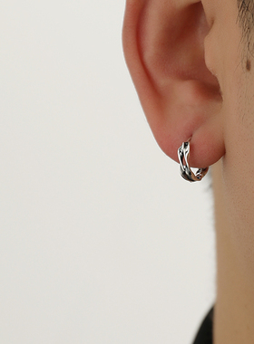 s925纯银复古做旧耳环男生潮单只个性波浪耳圈耳钉嘻哈耳饰品欧美