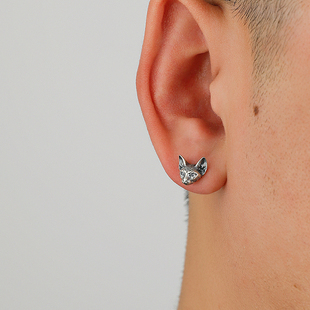 YiJian 925纯银卡通小猫咪头像耳钉男复古朋克做旧设计女同款通用