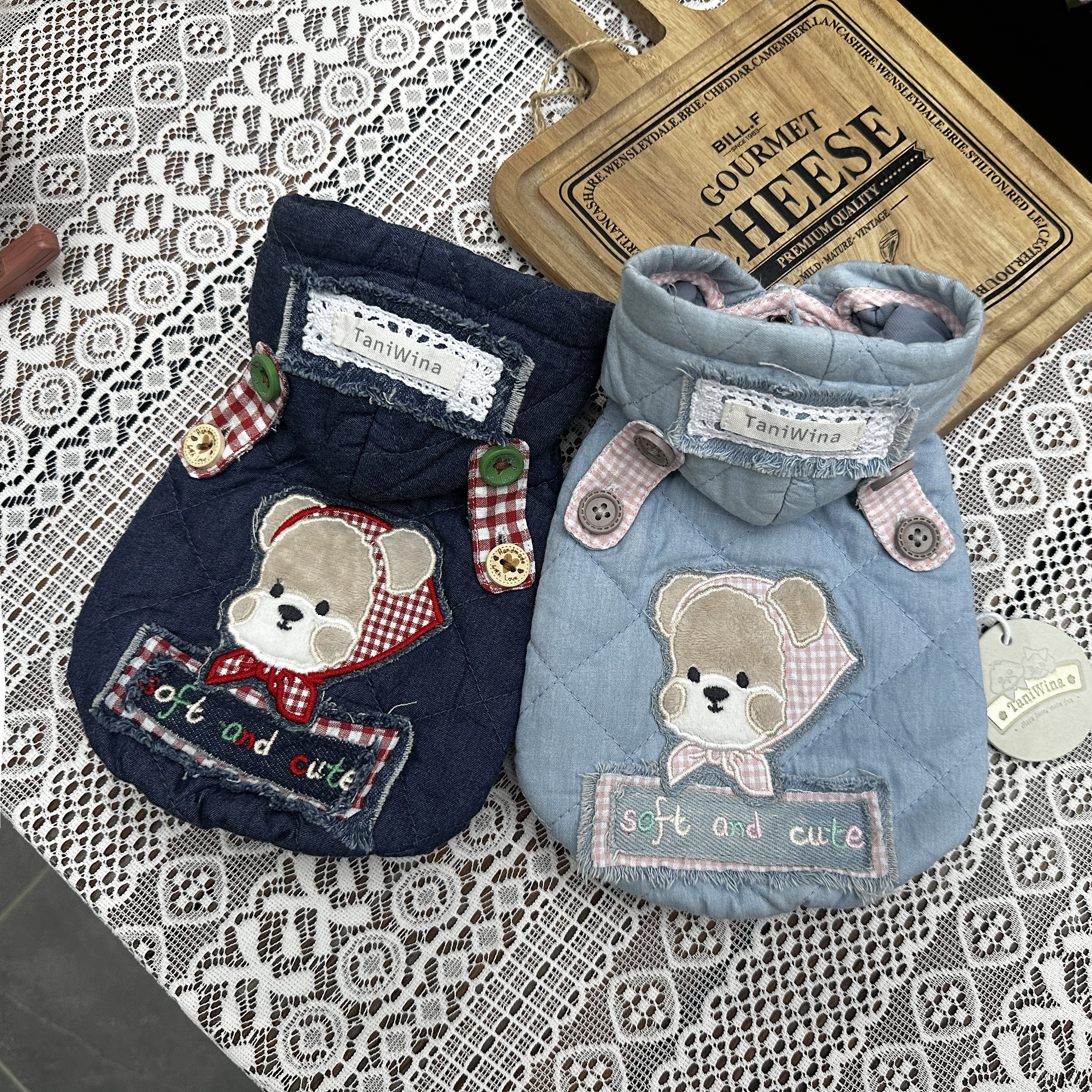 淘淘花瓣牛仔夹棉衣连帽卡通小熊贴布夹克宠物衣服秋冬装泰迪小雪