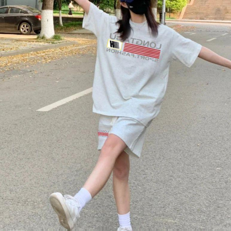 美式复古运动套装女夏季新款设计感小众宽松显瘦卫衣阔腿短裤两件