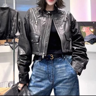 欧货春秋季新款真皮皮衣女拉链短款机车夹克修身牛皮圆领外套