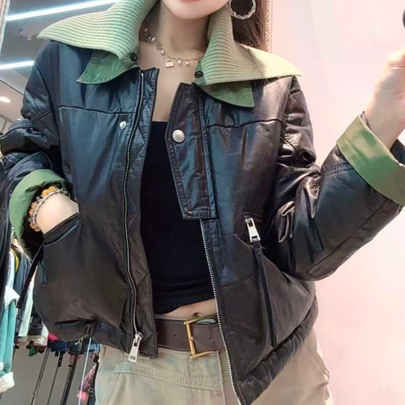 短款羽绒服皮衣针织翻领撞色拼接