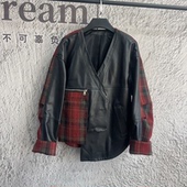 宽松拼接大码 真皮皮衣女V领韩版 皮衣轻奢洋气外套 新款 2025春季