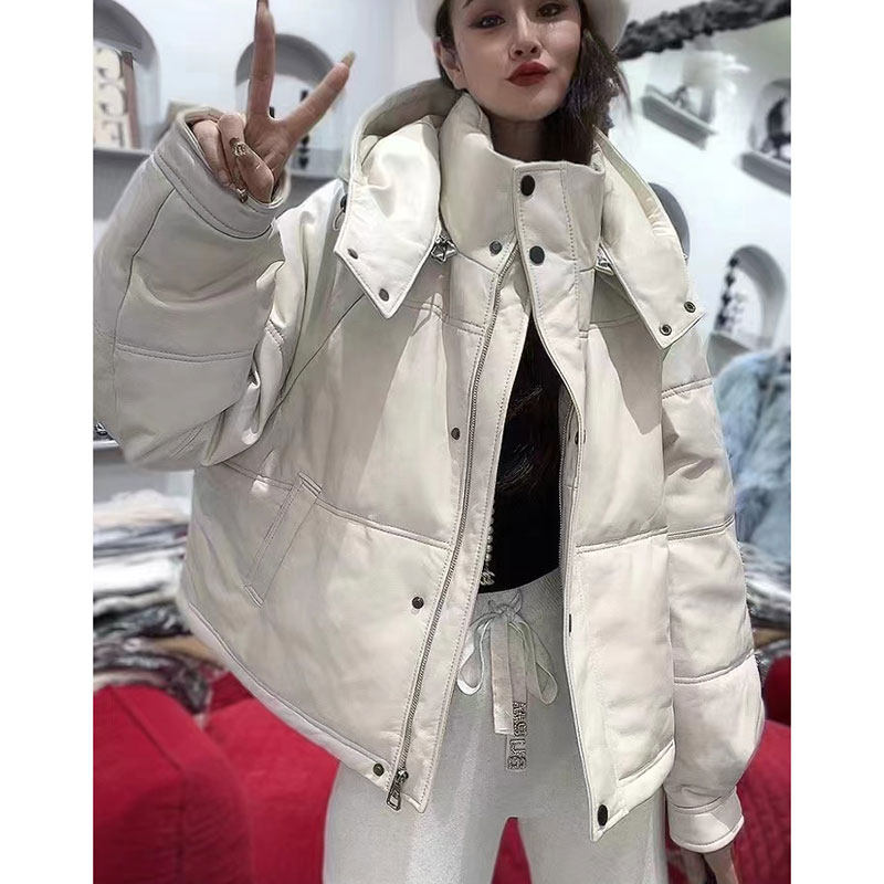 真皮绵羊皮羽绒服宽松通勤风连帽皮衣女短款宽松加厚保暖真皮外套