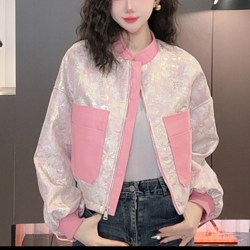 春季新款真皮短款提花皮衣