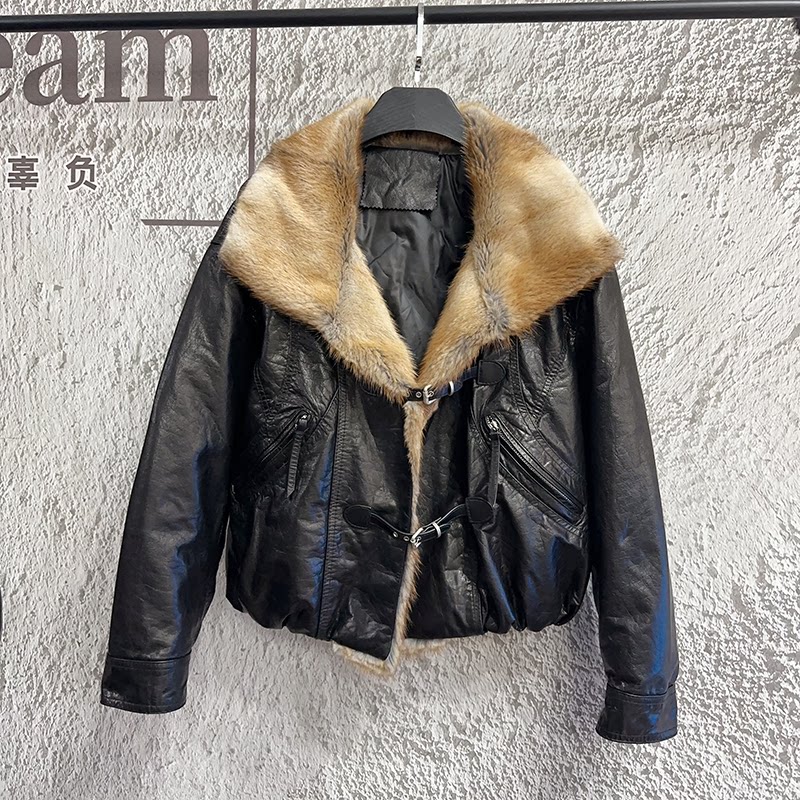 真皮皮衣牛皮油蜡青根貂新款皮衣女短款羽绒服宽松夹克外套上衣