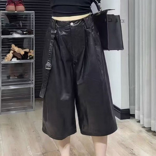 新款 直筒裤 真皮皮裤 牛皮油蜡宽松休闲阔腿裤 女中裤 秋季