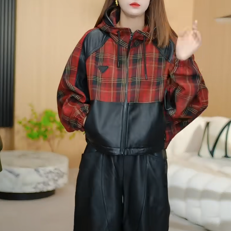 2025新款真皮皮衣女绵羊皮时尚百搭短款宽松格子外套上衣夹克
