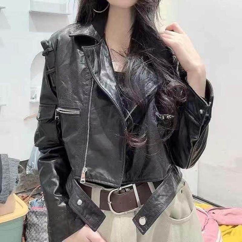 欧货新款真皮皮衣女短款夹克油蜡皮显瘦复古个性时尚机车外套