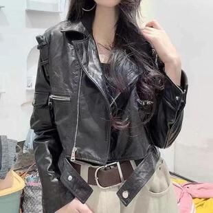 时尚 夹克油蜡皮显瘦复古个性 机车外套 真皮皮衣女短款 欧货新款