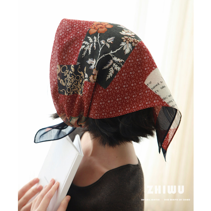 「知雾原创」小众文艺蚕丝纯棉混纺小方巾女法式度假风包头头巾