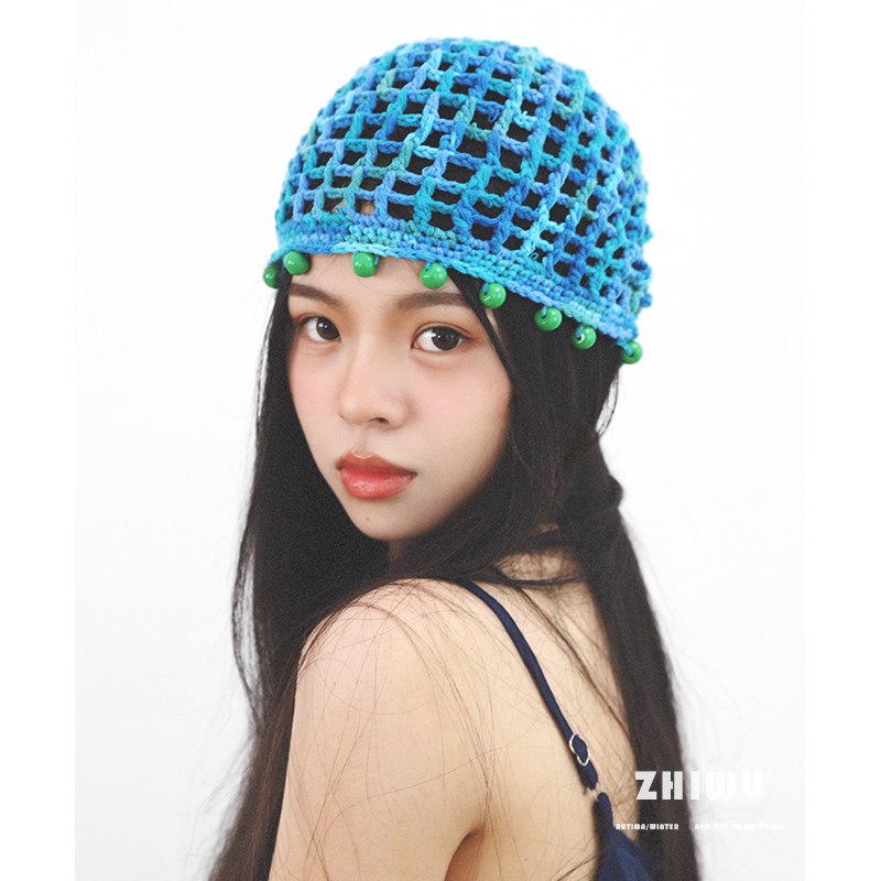 ZHIWU~春秋新品彩色多巴胺少女镂空针织毛女包头帽显脸小针织帽子