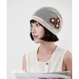 小众设计感针织堆堆帽女春夏镂空套头帽手工刺绣花朵包头帽 ZHIWU