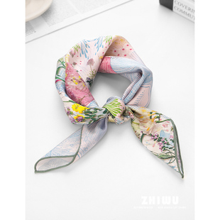 [知雾]春夏真丝丝巾100%桑蚕丝斜纹手工卷边小方巾搭配西装领巾女