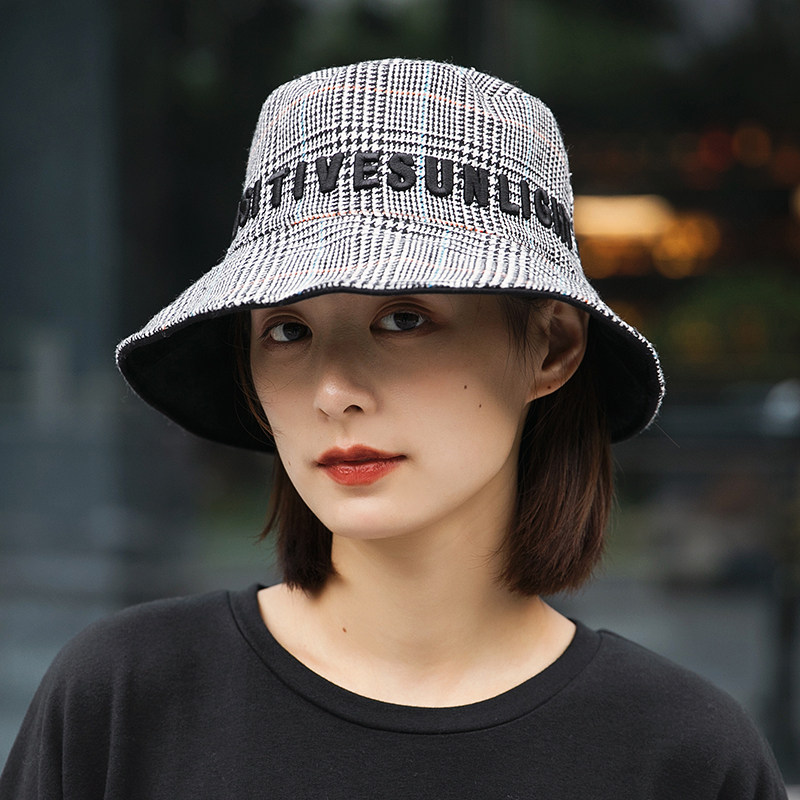 格纹渔夫帽女秋冬字母刺绣韩版百搭盆帽春秋格子防晒遮阳帽子女士