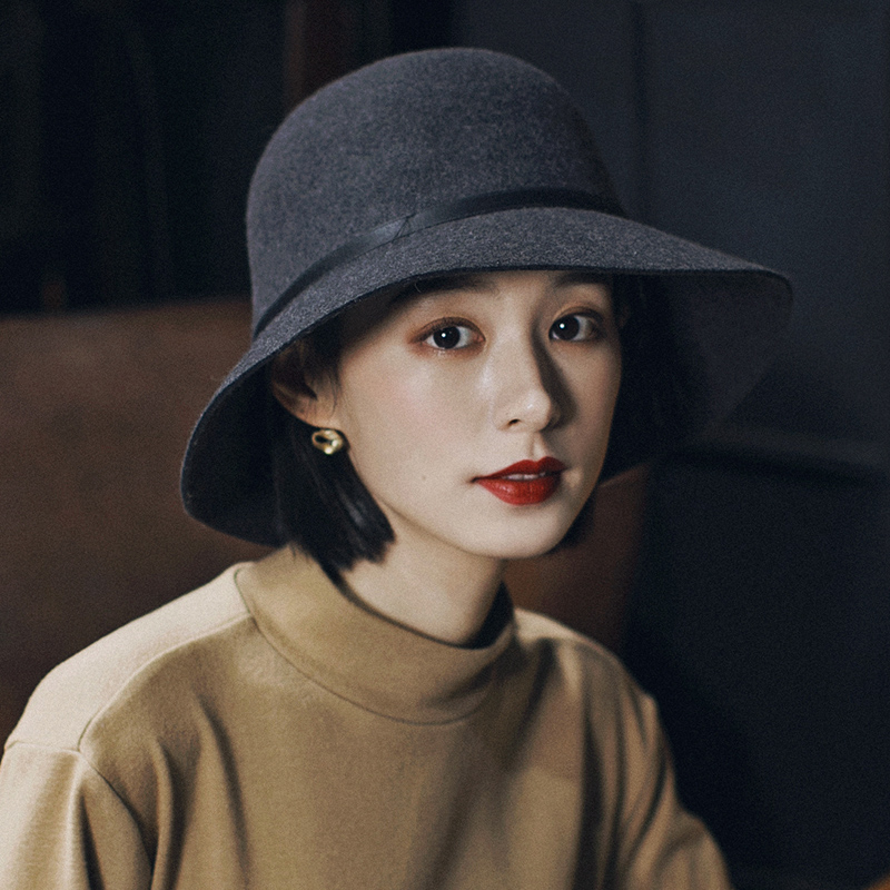 冬季复古羊毛毡帽系带蝴蝶结毛呢渔夫帽女秋冬日系百搭纯深色盆帽