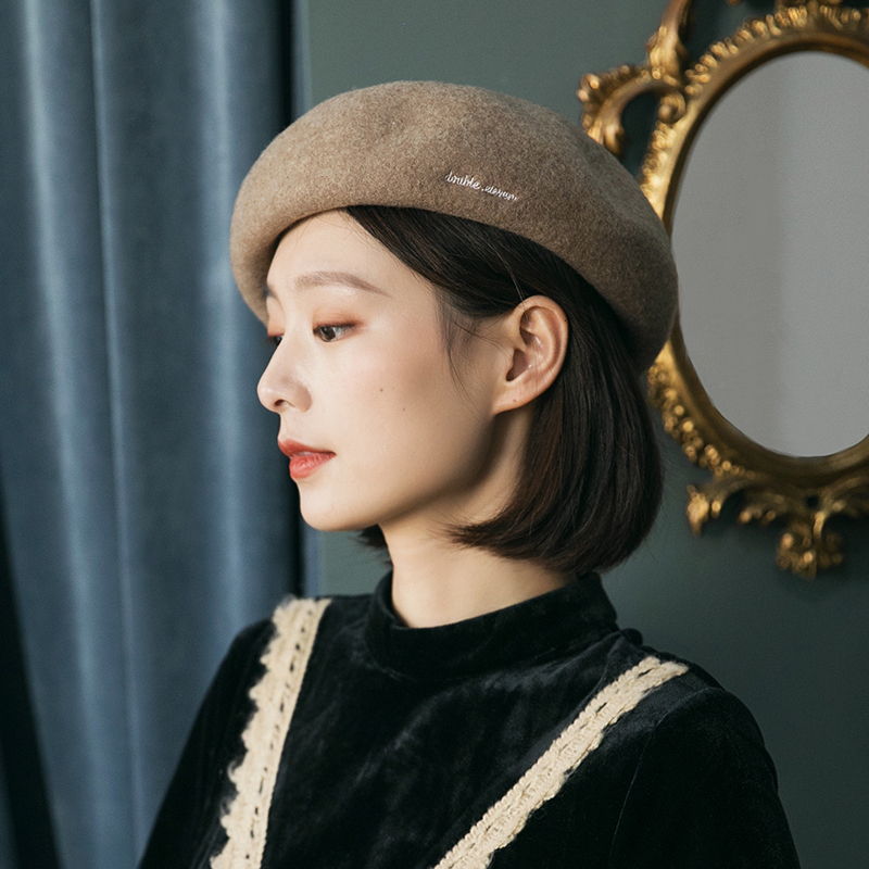 贝雷帽女秋冬复古英伦韩版百搭冬季羊毛蓓蕾帽字母毛呢画家帽子潮