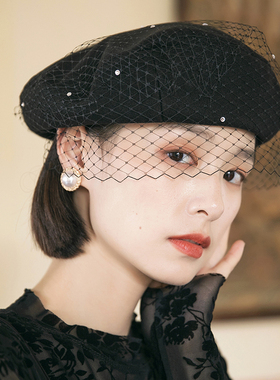 法式复古网纱贝雷帽女英伦韩版赫本风蕾丝蓓蕾帽黑色时尚秋冬帽子