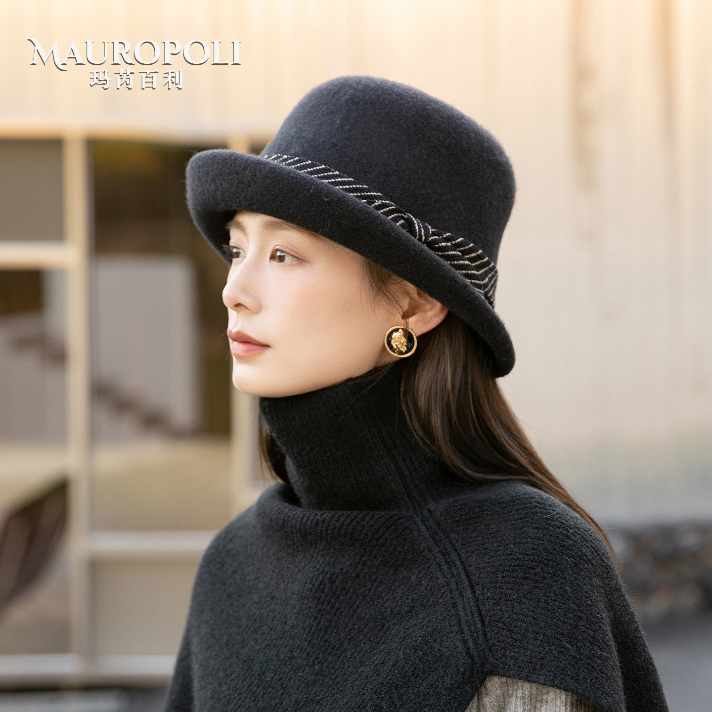 法式黑色羊毛渔夫帽女士冬新款盆帽蝴蝶结毛呢礼帽卷边显脸小帽子